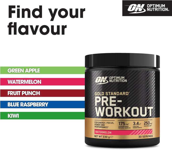Gold Standard Pre Workout Powder, Energy Drink with Creatine Monohydrate, Beta Alanine, Caffeine and Vitamin B Complex, Nutrition Supplement, Watermelon Flavour, 30 Servings, 330 G