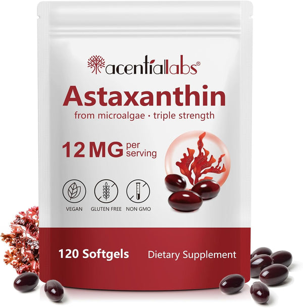 Astaxanthin 12Mg Supplements, 120 Softgels Premium Astaxanthin Antioxidant Supplements Supports Eye, Joint, Internal Circulation, Skin Health & Natural Tanning, Fresh Microalgae Source