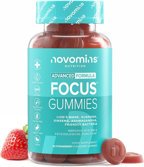 Focus Gummies - Ashwagandha, Lions Mane, Gingko Biloba, Vitamin B12 & Caffeine - 1-Month Supply - Focus, Memory & Energy Support - Gluten-Free Nootropics & Mushrooms - 60 Gummies -