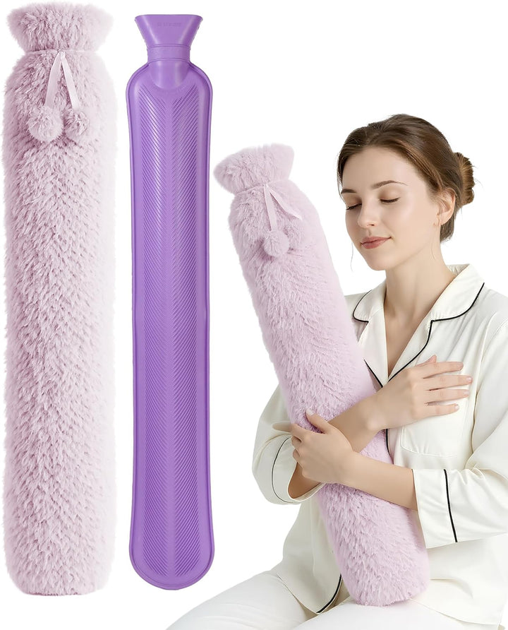 Hot Water Bottle 2L with Soft Faux Fur Cover, Leakproof Natural Rubber, Long Lasting Warmth for Neck, Back & Hands, Fluffy Cosy Design for Men & Women, Winter Comfort - Grey