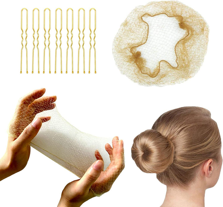 Brown Hair Nets for Buns Kit - 50PCS 50Cm Ballet Bun Nets and 10 PCS U Shaped Bobby Pins, Individual Package, Elastic Edge Mesh for Girls Women Dance Catering Working