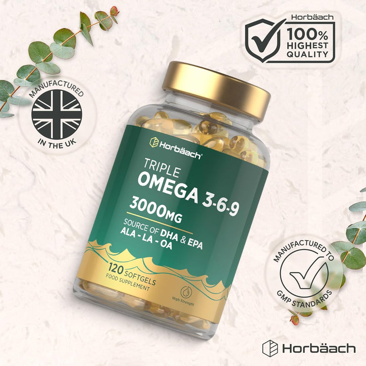 Triple Omega 3 6 9 Capsules 3000Mg ALA, LA & OA | 120 Softgels | High Strength EPA & DHA Essential Fatty Acids | Supplement with Fish Oil, Flaxseed & Sunflower Oil | by