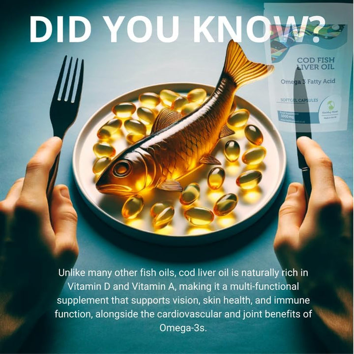 Cod Liver Oil 1000Mg High Strength Cod 7 Capsules: Vitamin A, D3, Omega 3 EPA DHA Fish Oil - Uk-Made Health Vitamins & Supplements