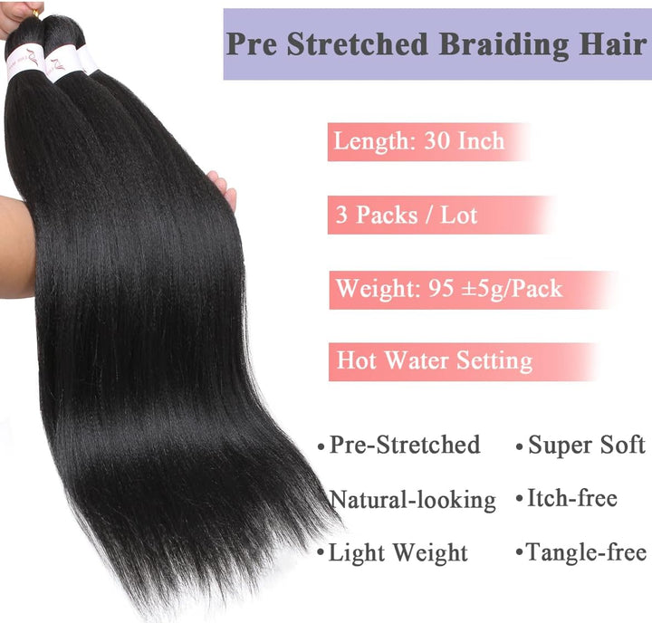 3 Packs Pre Stretched Braiding Hair Extension Yaki Texture EZ Braids Hair for Coi Leray Braids Black Braiding Crochet Hair Extensions /30 Inch 1B#