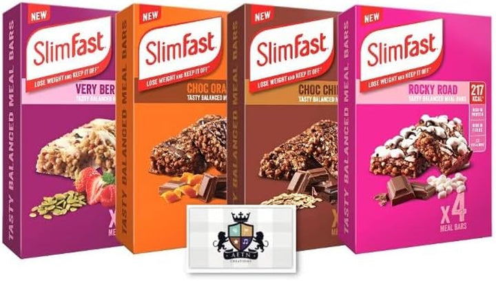 Slim Fast Bundle 16X60Gram Meal Bars in Choc Chip, Orange, Rocky Road and Very Berry Tasty,  for Weight Loss, High in Protein
