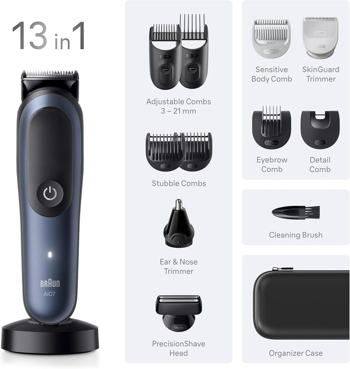 All-In-One Series 7 Grooming Kit, 13In1, Problade & Autosense, 120 Min, Skinguard & Beard Fading, Aquagrip for under Water Use, AIO7565, Blue