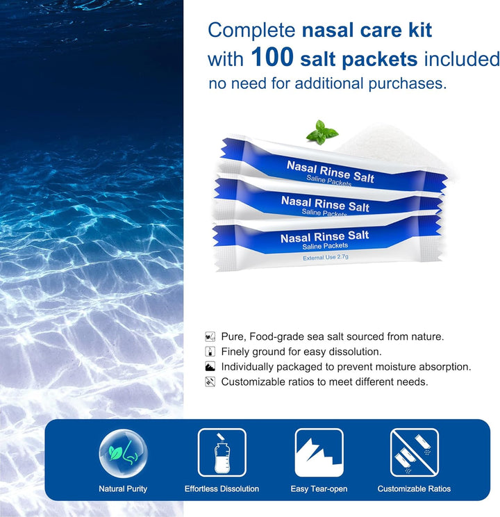 Neti Pot Sinus Rinse Bottle Nose Wash Cleaner Pressure Rinse Nasal Irrigation for Adult & Kid BPA Free 300 ML with 30 Nasal Wash Salt Packets and Sticker Thermometer(Blue)