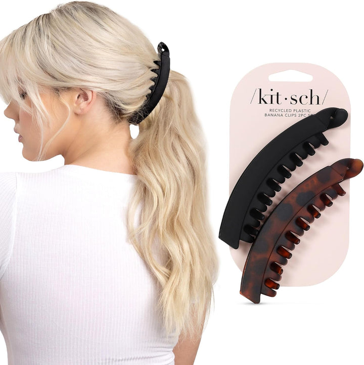 Banana Clip - Secure & Sturdy Large Banana Clips for Women | No Crease, Durable Hair Accessories for Women | Great for Stylish Ponytails & Updo - Black & Tortoise, 2 Pcs