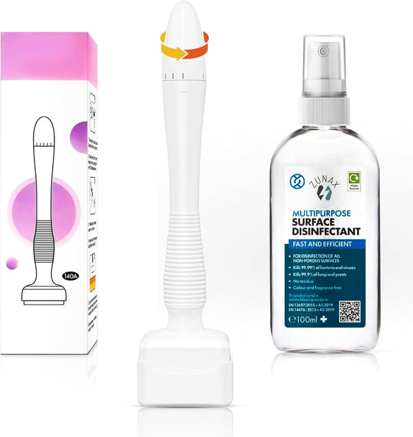 Adjustable 140 Pins Derma Stamp with 100Ml Disinfectant Spray – 0MM-3MM Adjustable Pins for Men and Women – Versatile Use for Skin and Scalp Care – Easy to Use – Packaging May Vary