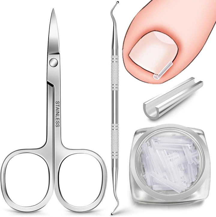 Ingrown Toenail Set - 60 Pcs Pain-Free Straightener Strips -Toe Lifter and Small Scissors- Easy Use Ingrown Toenail Set(Sliver)