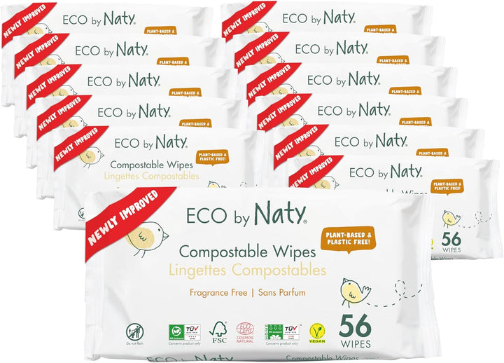 Naty Compostable Baby Wipes – Unscented, 100% Plant-Based, Plastic-Free, Fragrance-Free, Hypoallergenic for Sensitive Skin and Dermatologically Tested (Regular - 168 Count - 3 Packs of 56)