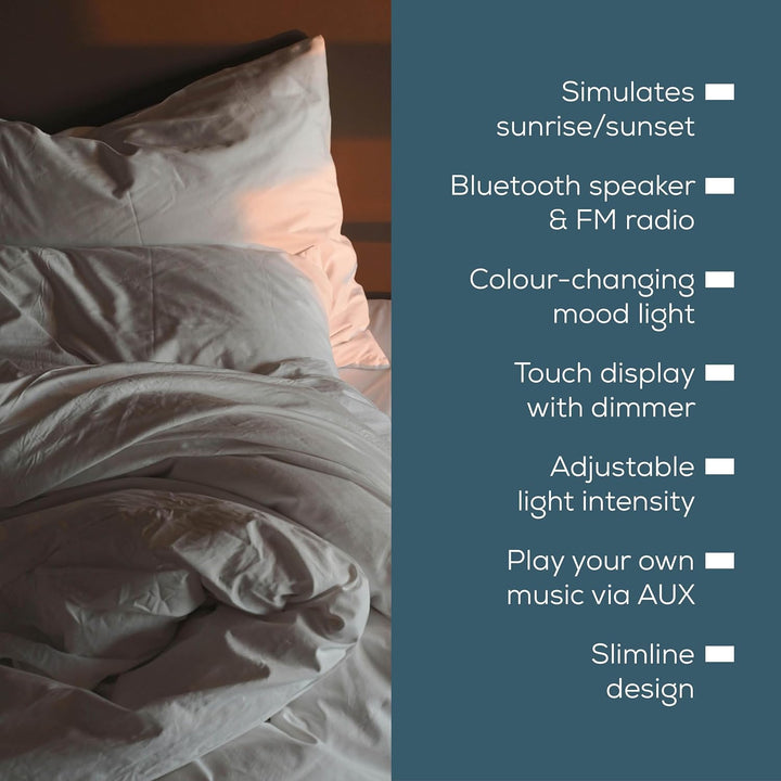 WL50 Wake up Light | Daylight Table Lamp | Helps to Support the Sleep Rhythm | LED Technology | FM Radio with 10 Memory Spaces | Bluetooth & Aux Input | 3 Light Levels