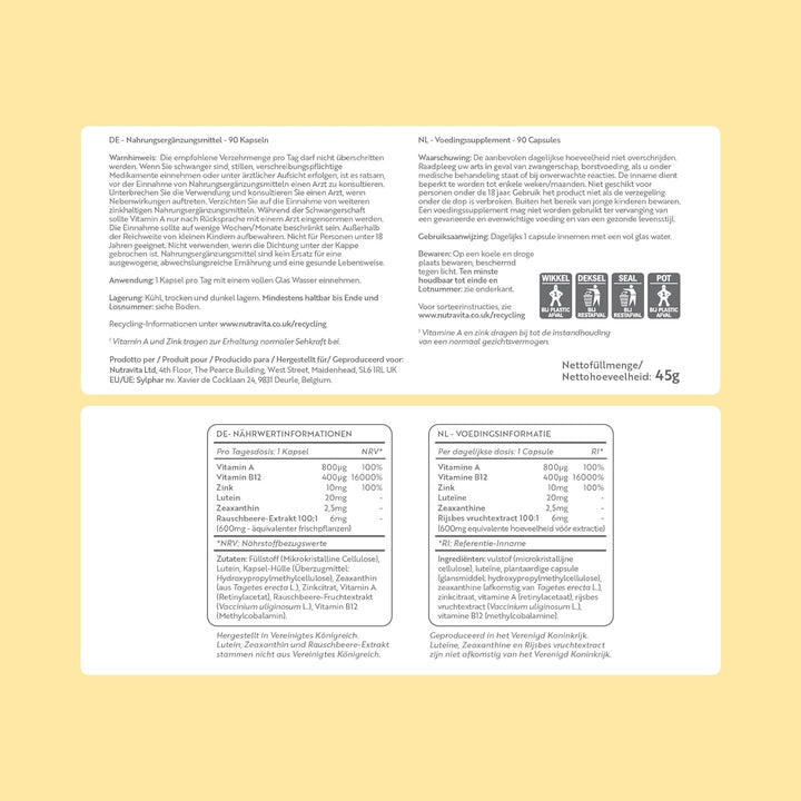 Lutein Natural Eye Supplement – 90 Vegan Capsules - Zeaxanthin, Bilberry Extract, Vitamins A, B12 & Zinc – for Maintenance of Normal Vision – Made in the UK