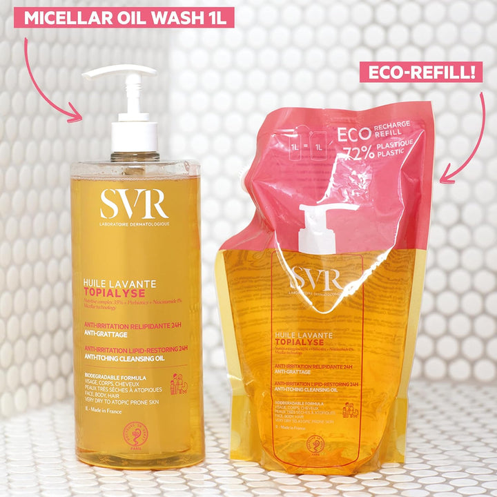 SVR TOPIALYSE All over Micellar Shower Oil, Moisturising Eczema Body Wash, 24Hr Hydration Emulsifying Soothing Bath Oil for Very Dry, Sensitive Skin, from Newborn and Up