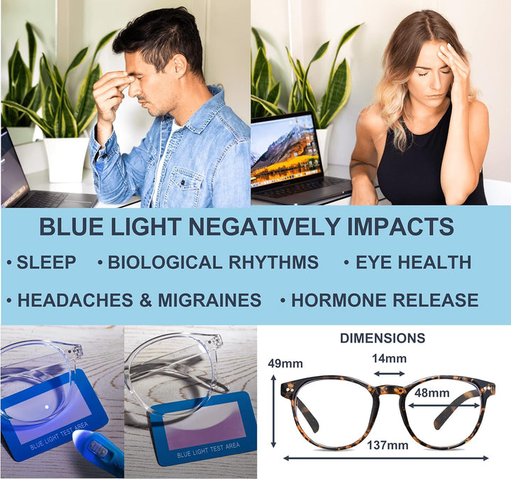 Premium 99.9% Blue Light Blocking Glasses - Reduce Headaches and Improve Sleep - UK Based Brand (Round Tortoiseshell Frame)