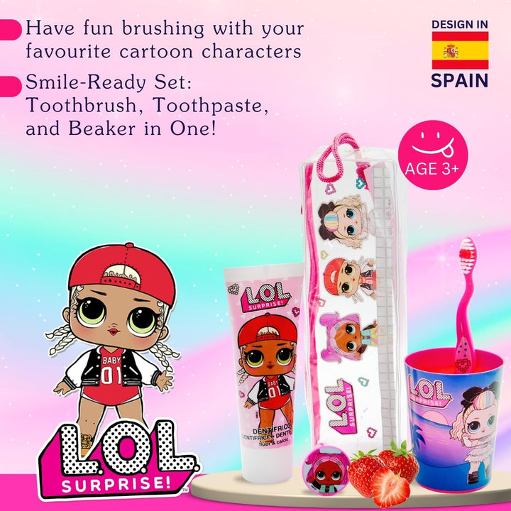 LOL Surprise Dolls Kids Toothbrush Set Contains Toothbrush with Protection Cap and Soft Bristles, Strawberry Flavour Toothpaste and Multi-Purpose Beaker for Children 3+