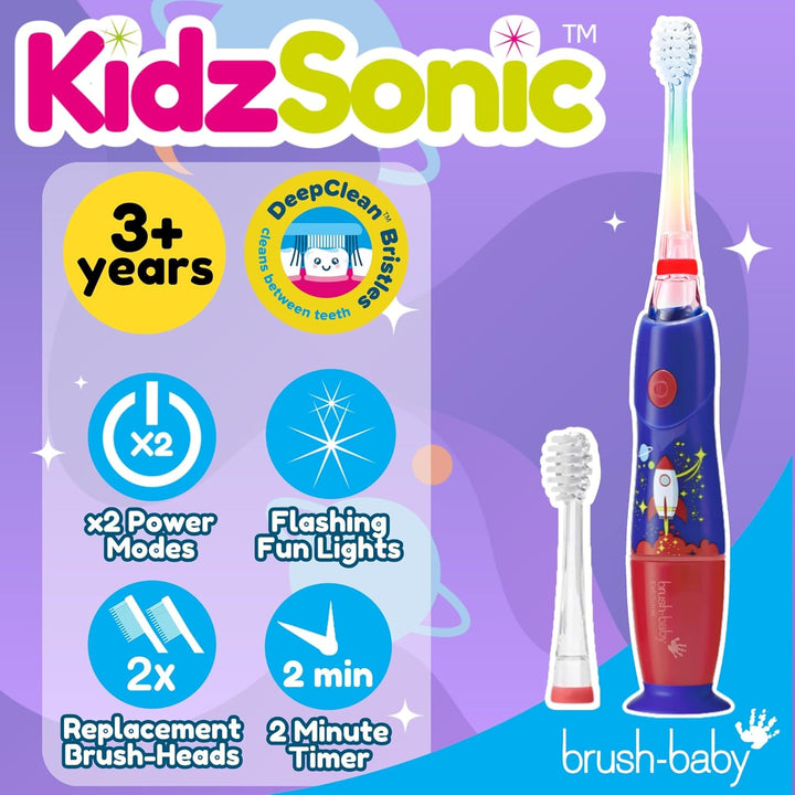 - Rocket Kidzsonic Kids Electric Toothbrush, 3+ Years - Deepclean Bristles, Suction Base - Fun Design with Flashing Disco Lights - 2 X Replacement Heads & 1 X AAA Battery