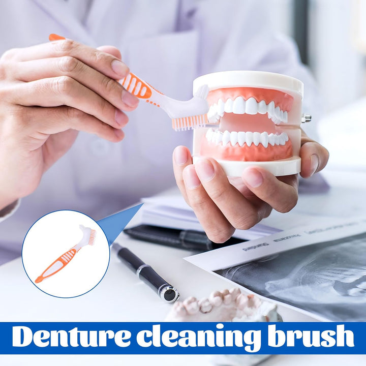 Denture Brush - 4 Pcs Double Bristle Head Toothbrush, False Teeth Brush for Cleaning Retainers (Blue, Purple, Green, Orange)