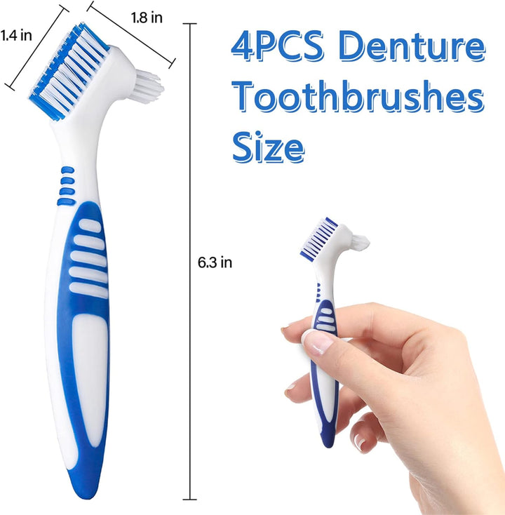 Denture Brush, 4 Pieces Small Toothbrush for Dentures, Multi-Layered Bristles Ergonomic Rubber Handle for False Teeth Cleaning