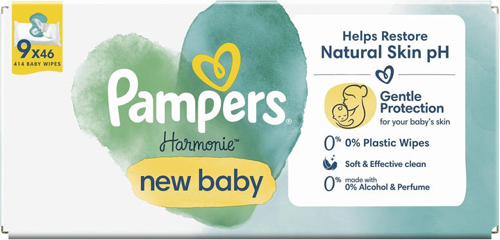 Harmonie New Baby Wipes Plastic Free 9 Packs of 46 Wipes, 414 Baby Wet Wipes, Help Restore Natural Skin Ph