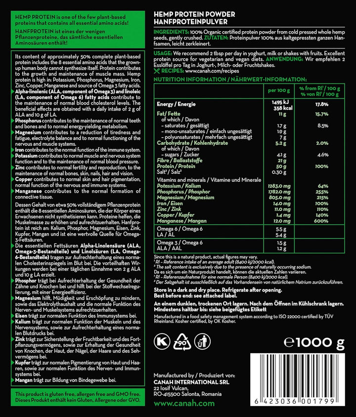 ® Natural Hemp Protein Powder 1 Kg Vegan, High in Protein, Fibre, Omega 3 & Omega 6, Amino Acids, Vitamins and Minerals, Certified Kosher + Free Bonus Recipes