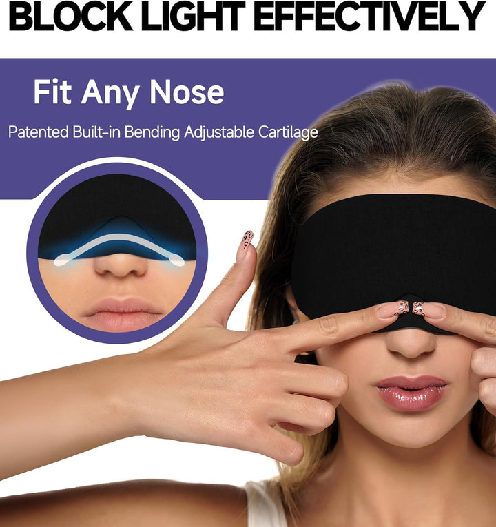 Cotton Sleep Eye Mask - Updated Design Light Blocking with Adjustable Nose Bridge, Soft and Comfortable Night Eye Mask for Men Women, Eye Blinder for Shift Work, Includes Travel Pouch, Black