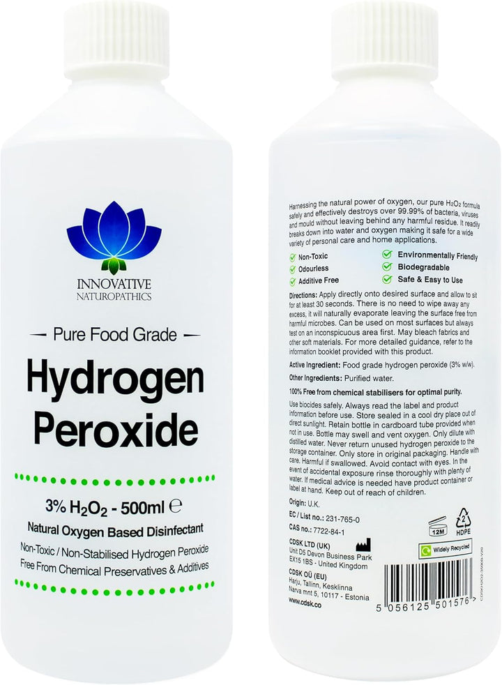 Food Grade Hydrogen Peroxide - Purest Grade 3% - 500Ml - Unstabilized and Additive Free - 10 Vols