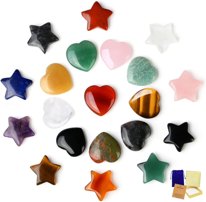20 Pcs Crystals and Gemstones Star Healing Crystals Set Reiki Chakra Protection Polished Stones Meditation Energy Balancing Crystal