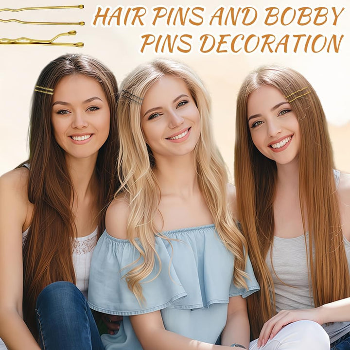 300 Pcs Bobby Pins Kit, Hair Pins for Women, Hair Grips, 100 Brown Waved Hair Pins (50Pcs L+50Pcs S), 100 Brown U Shaped H-Air P-Ins, 100 White Elastic Bands, with Storage Box