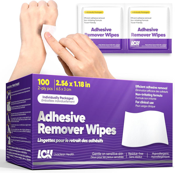 Adhesive Remover Wipes for Skin 100 CT – Medical Adhesive Remover for Tape, Plaster & Sticky Residue – Individually Wrapped, Non-Greasy 2-Ply 2.56X1.18In (6.5X3Cm) Skin Wipes