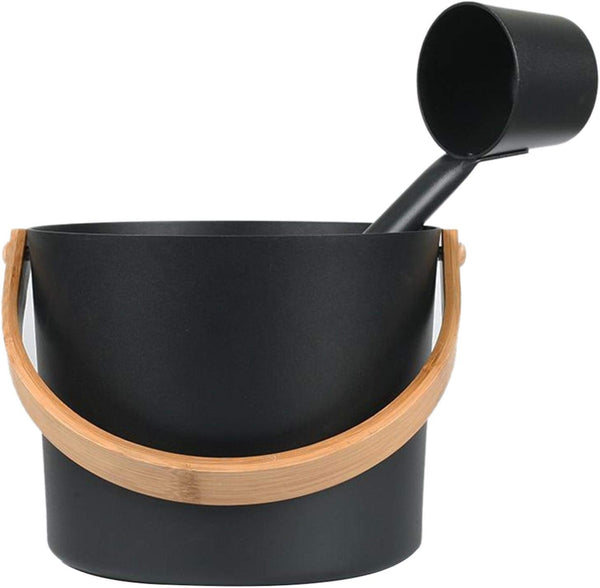 Sauna Bucket and Ladle Set | 7L Luxurious Finnish Wooden Sauna Aluminum Bucket with Long Handle Spoon Set | Matching Ladle Sauna Barrel Sauna Spa Accessories