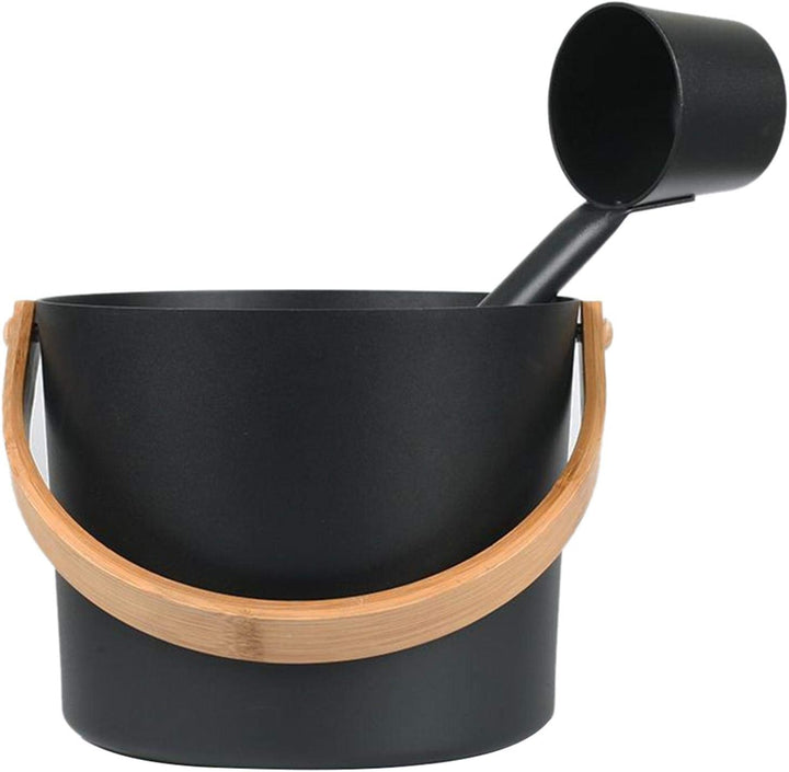 Sauna Bucket and Ladle Set | 7L Luxurious Finnish Wooden Sauna Aluminum Bucket with Long Handle Spoon Set | Matching Ladle Sauna Barrel Sauna Spa Accessories