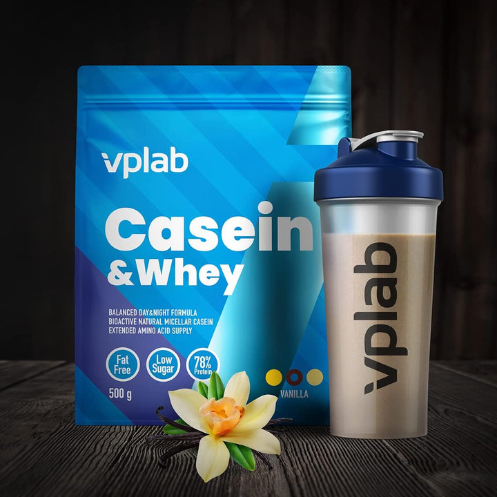 Vplab Casein & Whey Protein Powder, Casein and Whey Protein Powder Shake, Advanced Casein Protein Powder Formula, Low Sugar and Fat Free (Vanilla) Casein protein, Slow-digesting protein, Protein supplement, Protein powder, Muscle recovery protein, Fitness