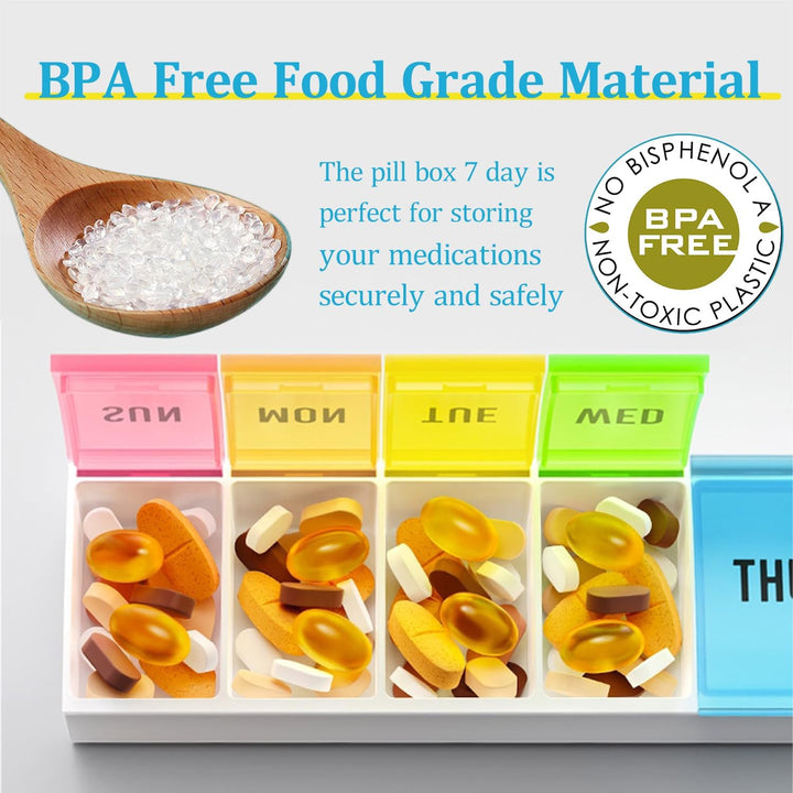 Pill Boxes 7 Day Portable Storage Box Weekly Organizer to Hold Vitamins, Cod Liver Oil, Supplements and Medication for Travel Work