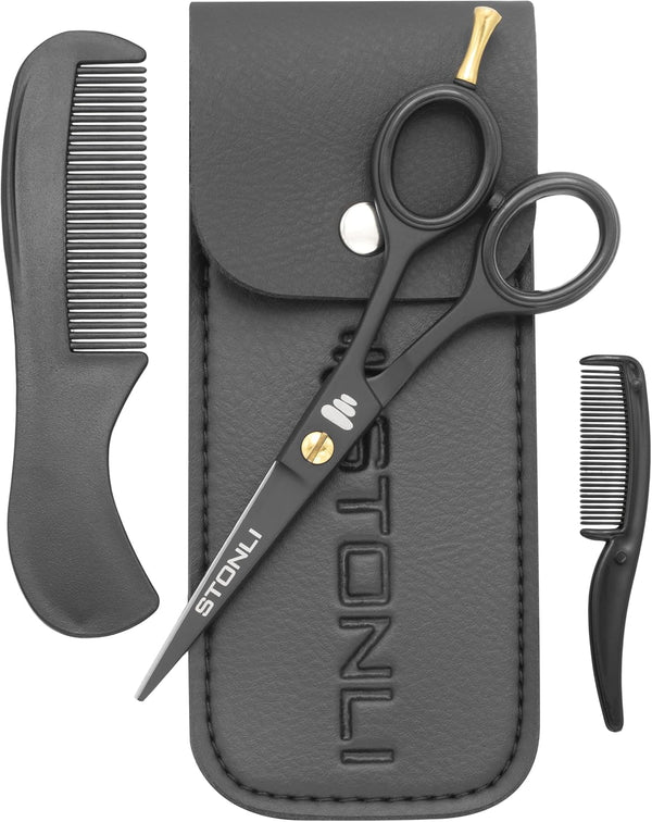 5" Beard and Moustache Scissors with Comb & Pouch - Small Hairdressing Scissors - Nose, Ear & Eyebrows Hair Scissor (Black)