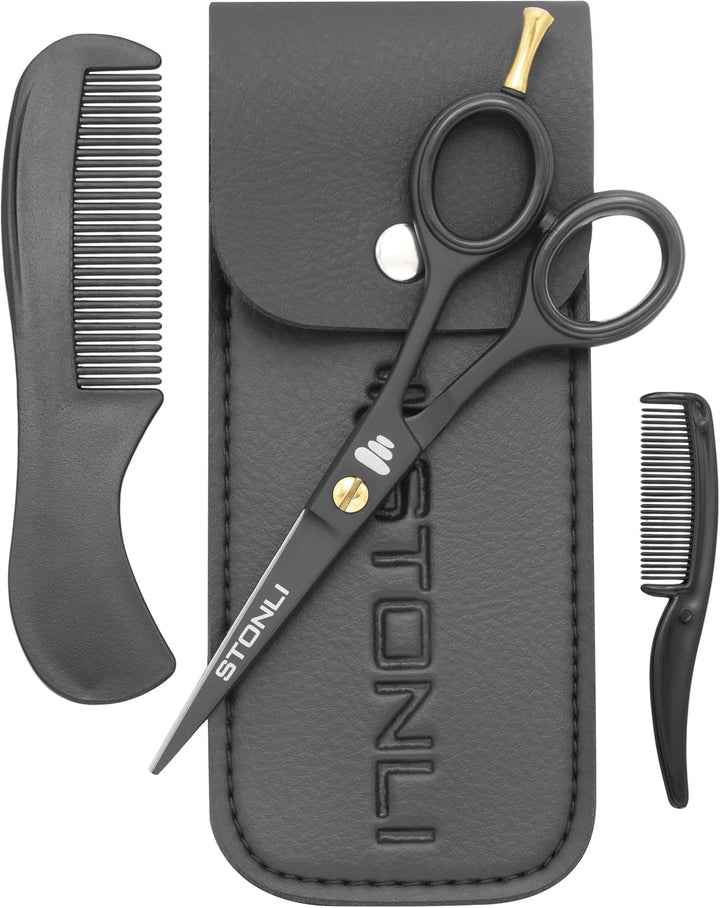 5" Beard and Moustache Scissors with Comb & Pouch - Small Hairdressing Scissors - Nose, Ear & Eyebrows Hair Scissor (Black)