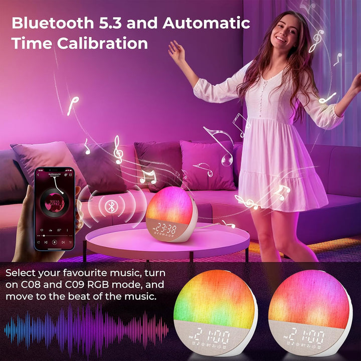 Sunrise Alarm Clocks, Wake up Light with Sunrise Simulation, Dual Alarms, Snooze, White Noise Machine Sleep Aid with 30 Natural Sounds, Bluetooth 5.3, 18 Color Modes, Gift for Heavy Sleeper/Kid
