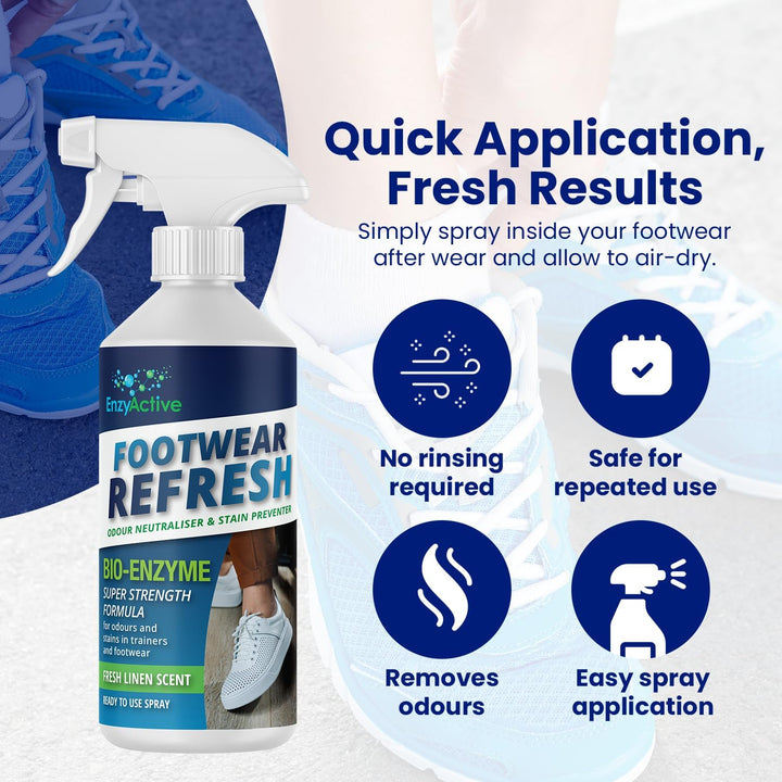 Shoe Refresh & Deodriser Spray Odour Neutraliser Linen Fresh Kick with Enzymes Sweat Eliminator for Trainers, Shoes, Sandals, Hiking Boots, Slippers for Bad Odours from Smelly Feet 500ML