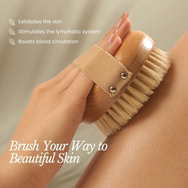 Dry Body Brush for Lymphatic Drainage - Improve Circulation W/Gentle Exfoliation for Soft Skin - Ergonomically Designed W/Elastic Strap - Soft but Firm Natural Boar Bristles