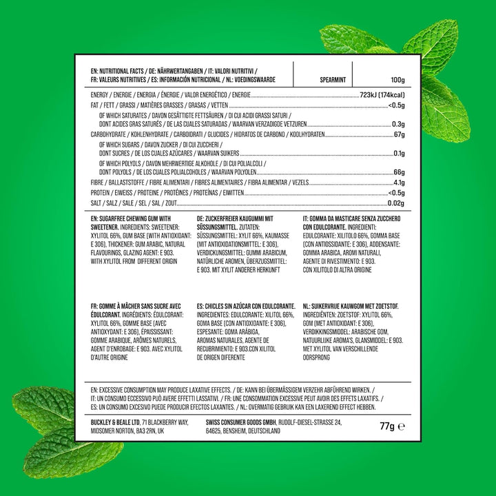 | Sugar Free Chewing Gum | Made with Xylitol | Vegan, Aspartame Free, Gluten Free & Keto Friendly | Natural Spearmint Flavoured Gum, 55 Pieces (Pack of 1)