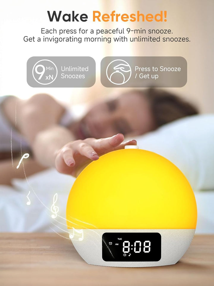 Sunrise Alarm Clock, Wake-Up Light, 9Min Snooze, Bedroom Night Lamp, 25 Soothing Sounds with 16 Volumes, Weekday/Weekend Dual Alarms, Child/Adult Sunset Alarm, Adjustable BT Party/Gathering Lamp
