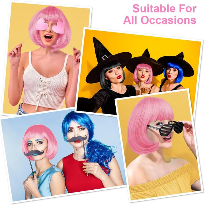 Pink/B Short Bob Wig for Women, 3 PCS, Synthetic Straight Wig, Heat Resistant, Modern Style, Perfect for Cosplay, Parties & Everyday Use