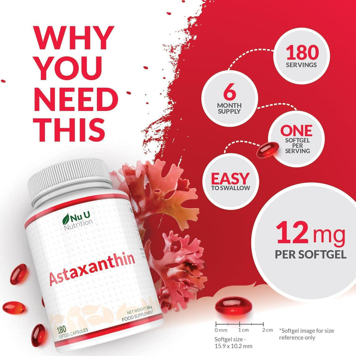 Astaxanthin 12Mg - 180 High Strength Softgel Capsules - 6 Month Supply - Powerful Antioxidant Supplement - Astaxanthin from Haemotococcus Pluvialis Algae - Made in the UK -