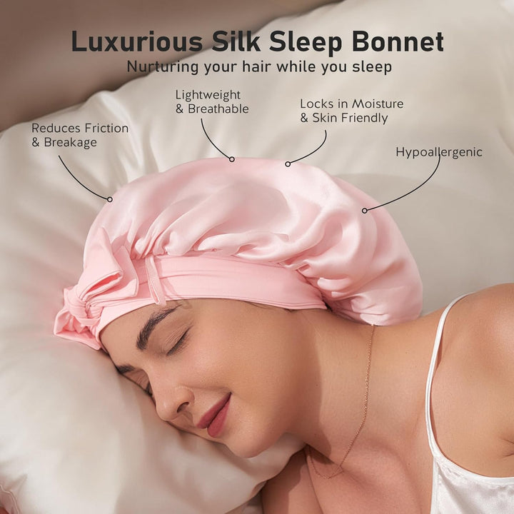 100% Mulberry Silk Bonnet for Sleeping Women, 22 Momme Double-Layered Grade-6A Silk Hair Bonnet for Sleeping, Hair Cap for Sleeping with Tie Band on Head, Includes Scrunchie(Pink)