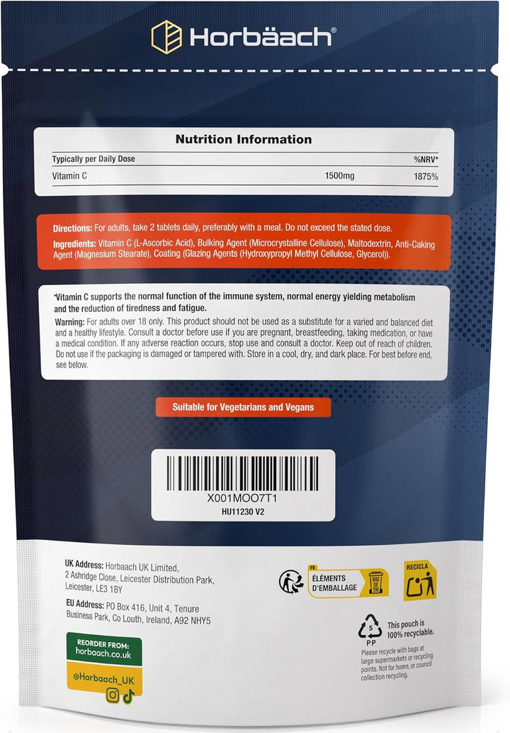 Vitamin C Tablets 1500Mg | 180 Count | High Strength Vitamin C as Ascorbic Acid | Suitable for Vegetarian and Vegan | by