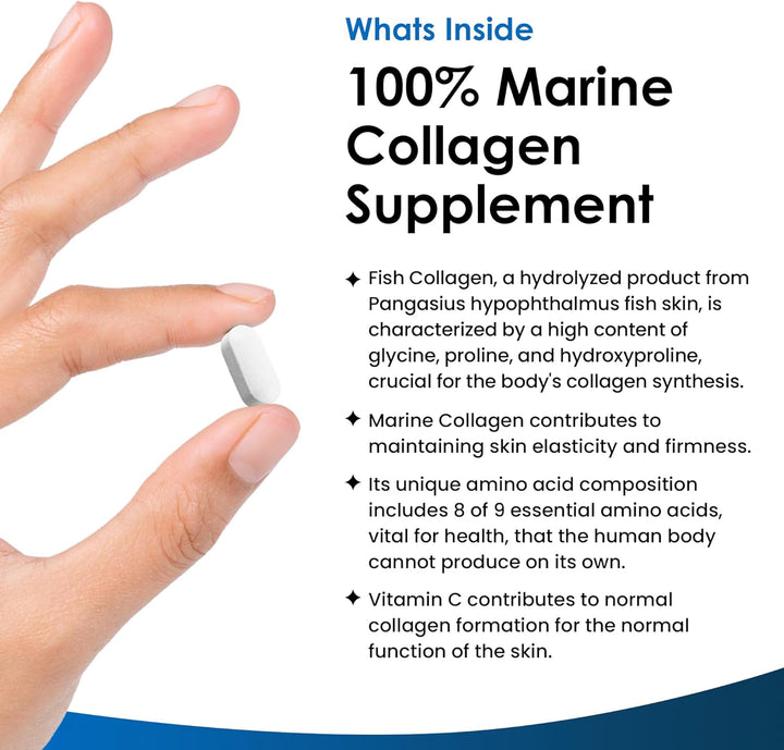 Pure Marine Collagen 100% Marine Collagen Type 1 Hydrolysed Collagen Peptides Enhanced with Hyaluronic Acid & Vitamin C -Essential Amino Acids - Collagen Supplements for Women and Men, 60 Capsules