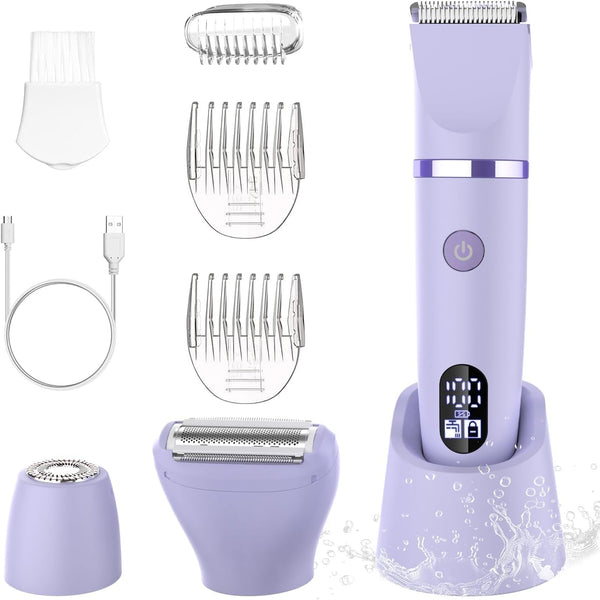 3-In-1 Electric Razor IPX7 Waterproof Bikini Trimmer Wet & Dry Use Painless Personal Trimmer Groomer for Ladies Face Body Legs Bikini Public Hairs Electric Lady Shaver with Replaceable Heads