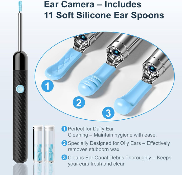 Ear Wax Removal - Earwax Remover Tool with 7 Pcs Ear Set - Ear Cleaner 1080P HD Ear Scope - Camera with 6 Led Lights - Ear Cleaning Kit with 11 Ear Spoon - Ear Camera for Ios & Android（Glossy Black）