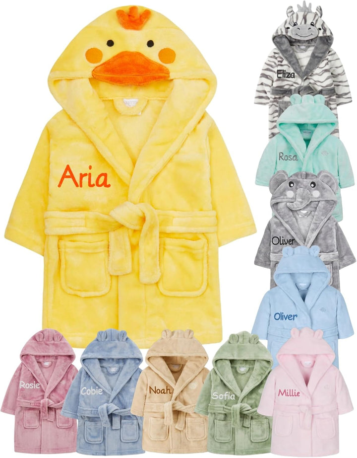 Personalised Baby Bathrobe Hooded Fleece Dressing Gown Super Soft Gifts Bath Robe for Boys Girls Cute Teddy Ears 0-4 Years