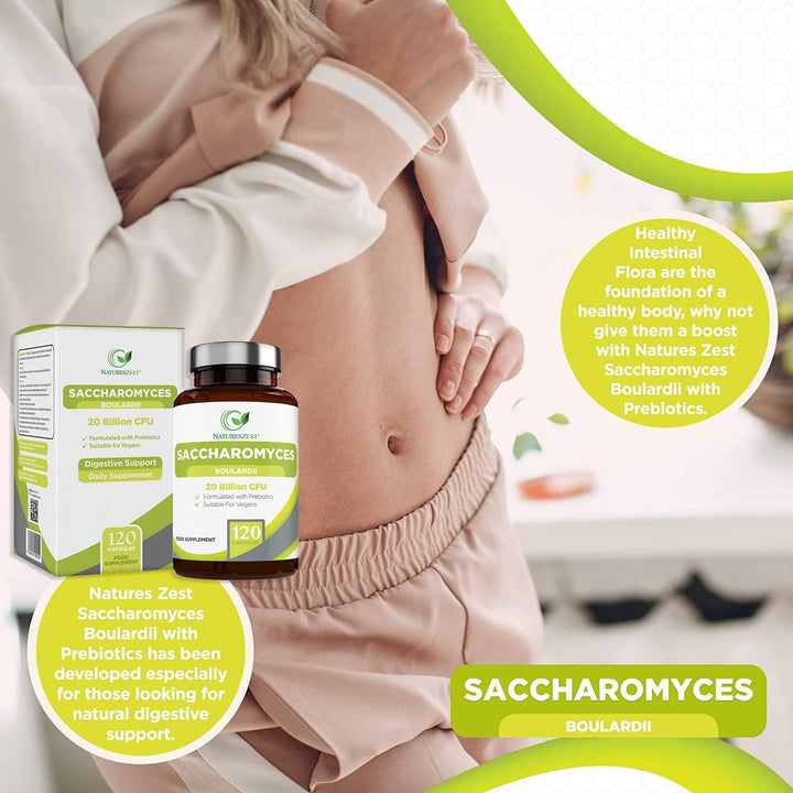 Saccharomyces Boulardii 20 Billion CFU - 120 Capsules | High Strength Prebiotics and Probiotics for Women & Men | Digestion Supplement with Natural Postbiotic Benefits | Vegan | 4 Months Supply